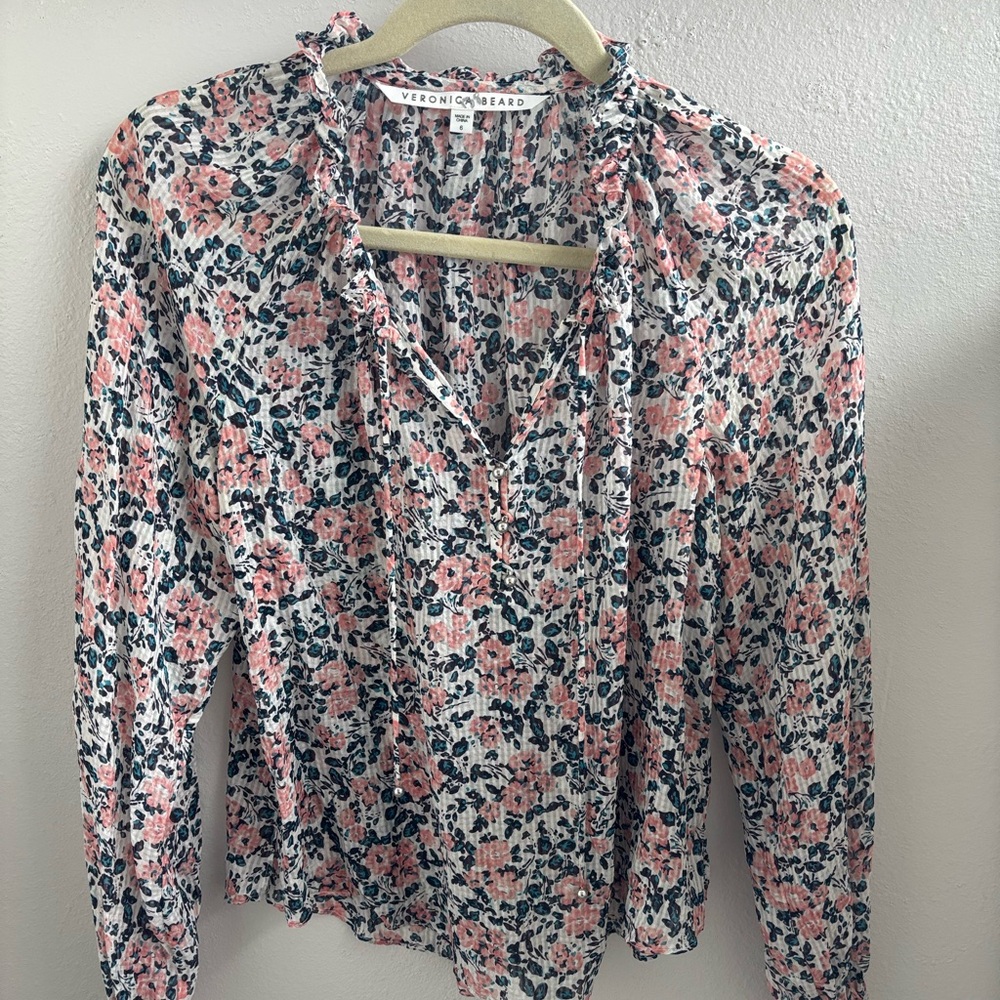 Veronica Beard Pink and Black Ruffled Long Sleeve Blouse